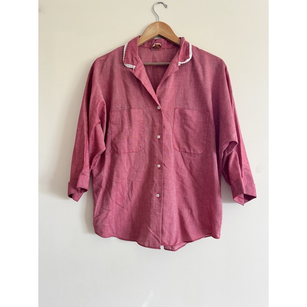 Laurel Ridge Women's Vintage Shirt Top 70s Lace Trim Summer Button Blouse Granny